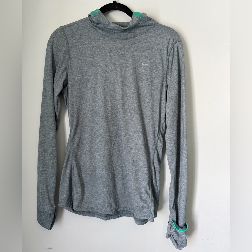 Nike Running Dri Fit Hooded Long Sleeve Top Gray-Green Women's Medium Thumbholes